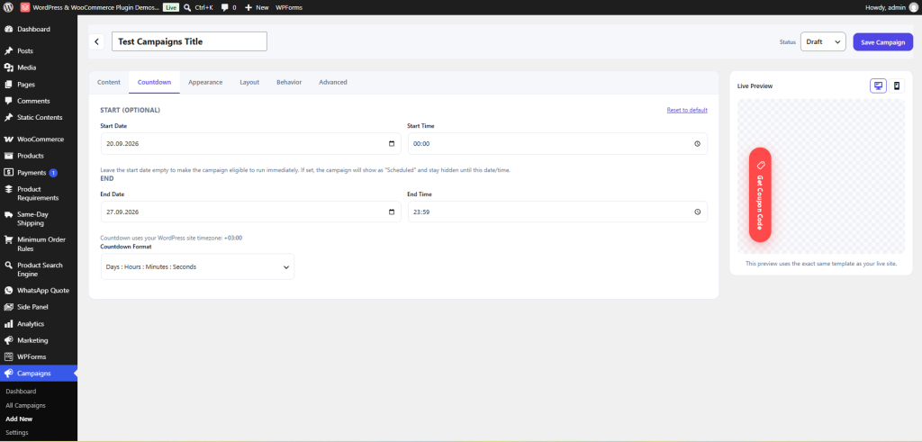 WooCommerce Campaign Countdown Timer